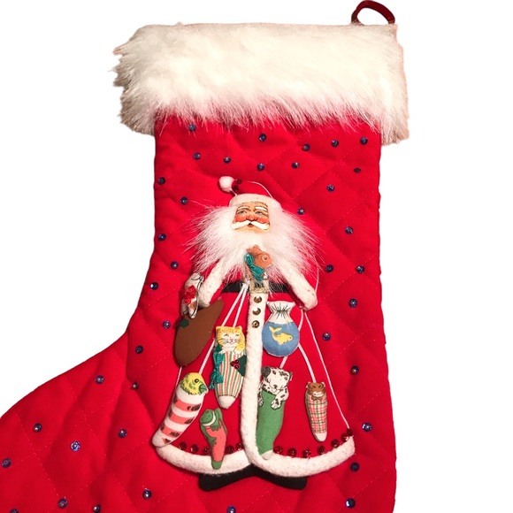 Vintage Quilted Sequin Santa Animals Pets Christmas Stocking Fur Cuff 18" Kitsch - Picture 5 of 14